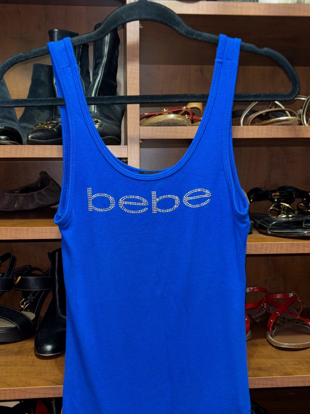 Bebe Cobalt Blue Rhinestone Logo Tank